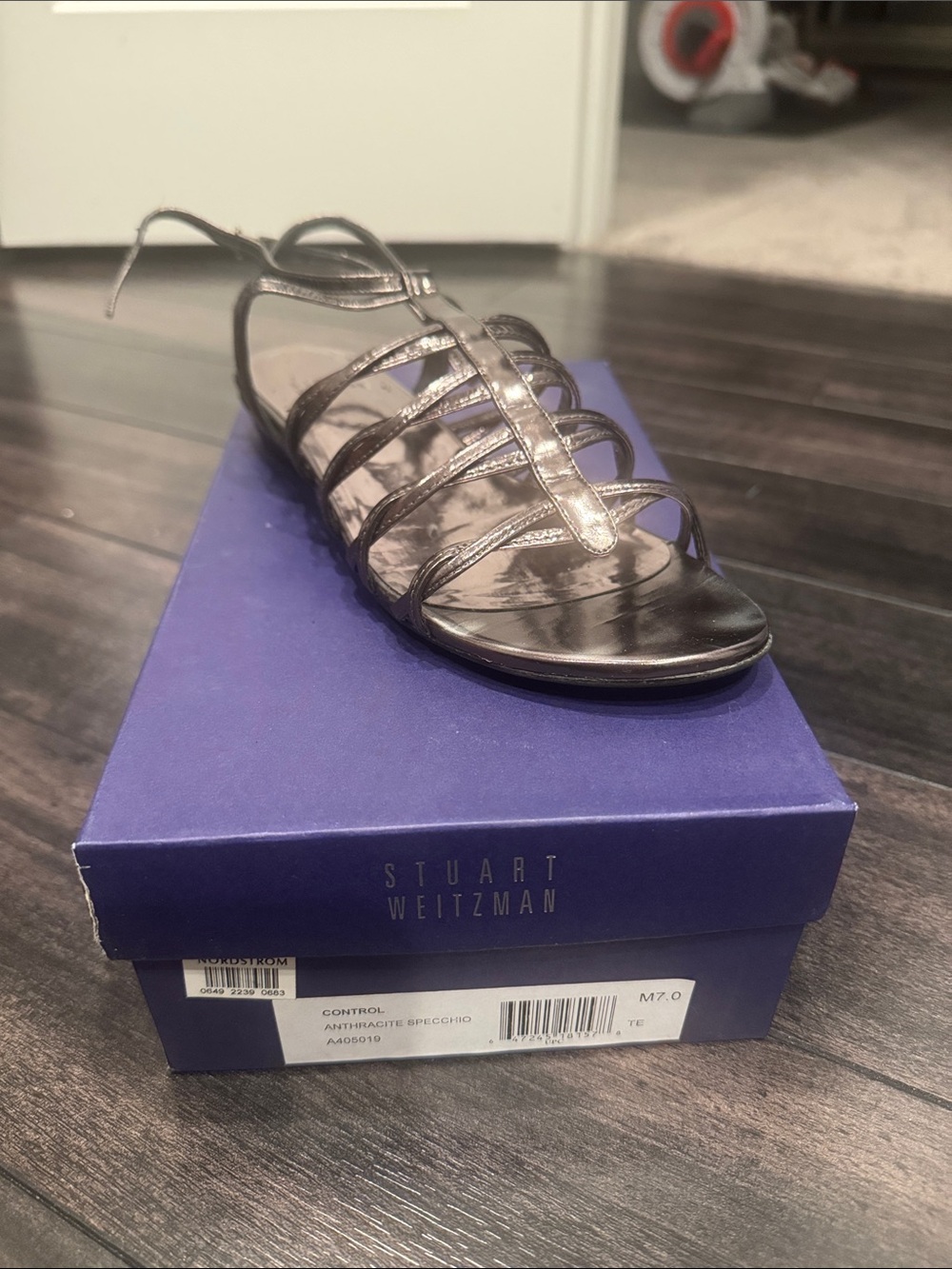 Stuart Weitzman control anthracite strappy Sandals